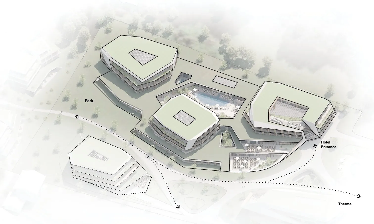 Axonometric diagram of the hotel blocks