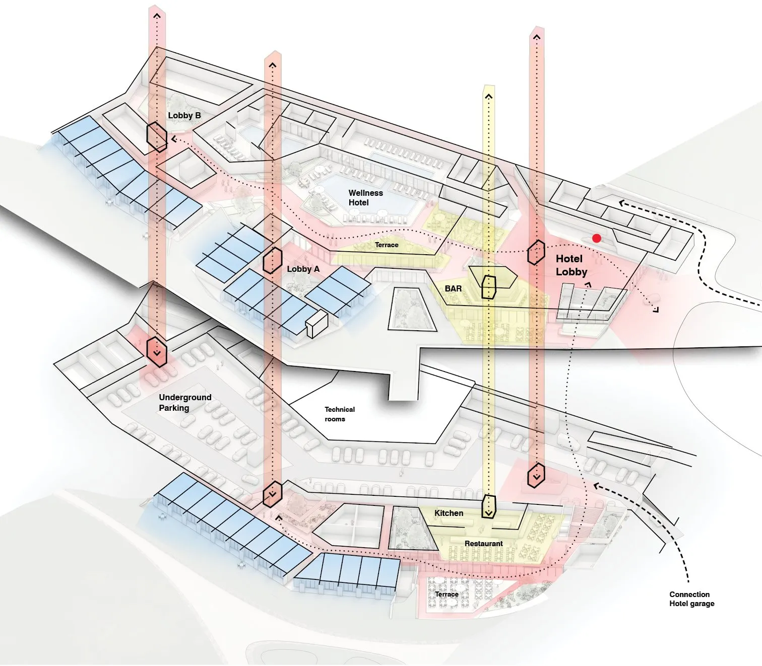 Axonometric breakdown of the hotel