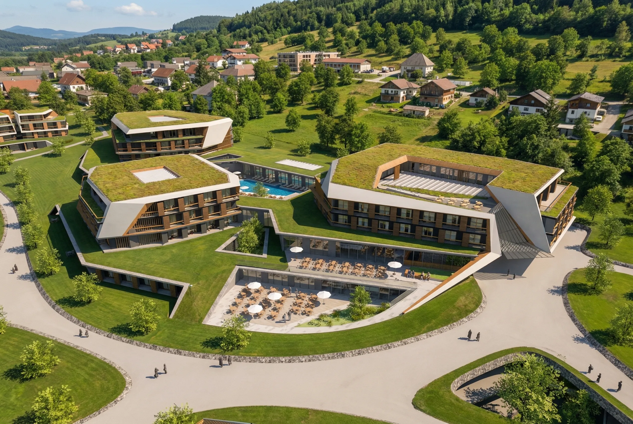 Aerial view of the hotel complex with green roofs, pool and courtyard