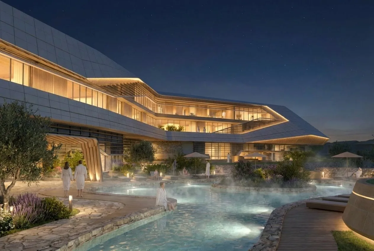 Rendering der Therme mit Blick über die Terrassen
